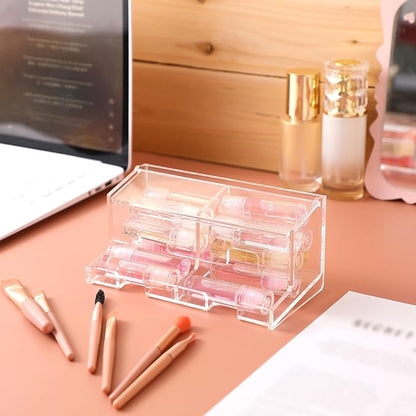 AceOrbit Clear Acrylic Lip Balm Dispenser with Lid, 2-compartment Wall Mount Organizer Holder Freestanding Countertop Display Stand for Storage Lipsticks Glosses Lip Balm Essential Oils