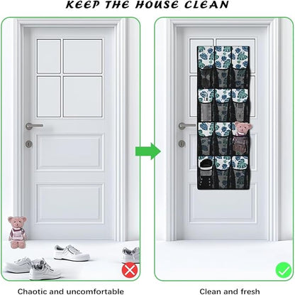 12 Large Mesh Pockets Monstera Leaves Over the Door Shoe Organizer Sturdy Oxford Fabric Hanging Shoe Rack for Closet Organizers and Storage