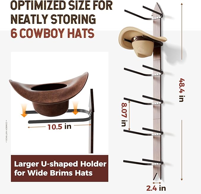 Cowboy Hat Rack for Wall, Cowboy Hat Holder Wall Mount Holds up to 6 Hats, Wooden Western Rustic Metal Hat-Organizer with Arrow Sign Board, Display and Decor Rack for Fedora, Sun Hats,Baseball Caps