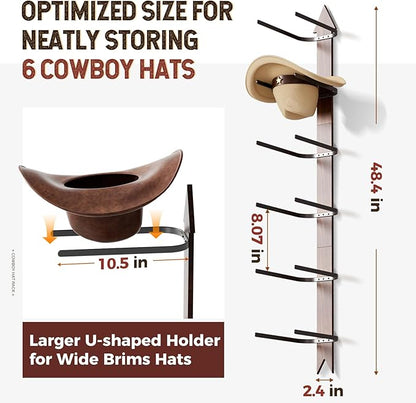 Cowboy Hat Rack for Wall, Cowboy Hat Holder Wall Mount Holds up to 6 Hats, Wooden Western Rustic Metal Hat-Organizer with Arrow Sign Board, Display and Decor Rack for Fedora, Sun Hats,Baseball Caps