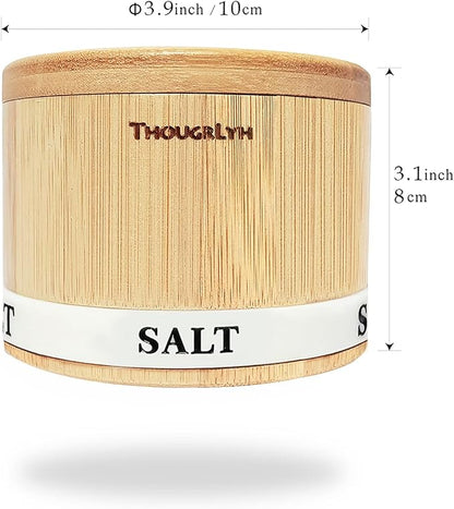 ThougrLyh Salt Box Bamboo Salt Container with Swivel Lid with Magnetic to Easily Open and Seal Salt Cellar With Spoon for Storing Salt Pepper Sugar Herbs Small Spice Box