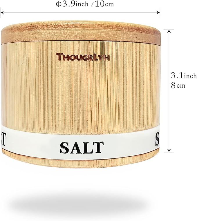 ThougrLyh Salt Box Bamboo Pepper and Salt Container with Swivel Lid and Spoons,Spice Cellar with Mat and Labels,Holder for Seasoning and Small Items,Dual 13 Oz Capacity