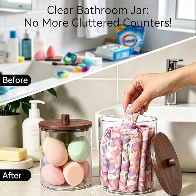 Amolliar Laundry Pods Storage Container, Clear Laundry Room Organization, 1 Pack Large Detergent Container with Dark Wood Lid & 27 Labels for Bathroom Organizer (0.6 Gal)