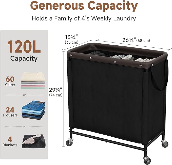 StorageWorks 3 Section Laundry Hamper, Rolling Laundry Cart with Wheels and Handles, Laundry Room Double Sorter for Organizer and Storage, 31.7 Gal(120L), Black