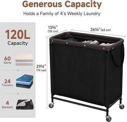 StorageWorks 3 Section Laundry Hamper, Rolling Laundry Cart with Wheels and Handles, Laundry Room Double Sorter for Organizer and Storage, 31.7 Gal(120L), Black