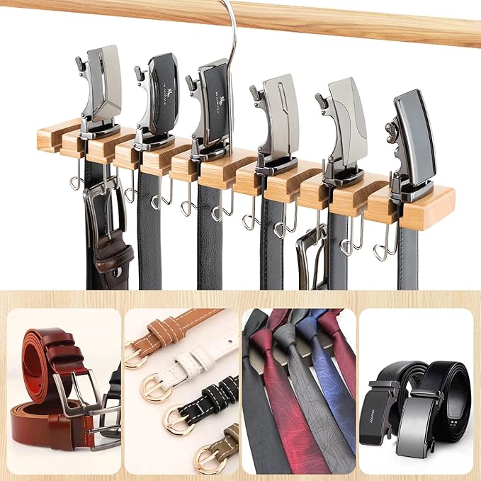 Wooden Belt Hanger for Closet 2-in-1 Wall Mount Belt Organizer Holder for Closet Organizer Storage, Ratchet Belt Rack Closet Accessories with 12 Slots & 11 Hooks