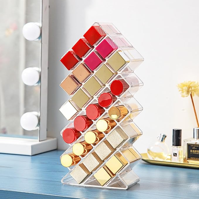 Lipstick Organizer,56 Lip Slots Acrylic Lipstick Holder,Stackable Lip Gloss Organizer,for Lipgloss Makeup Vanity Display, Clear (2 Pack)