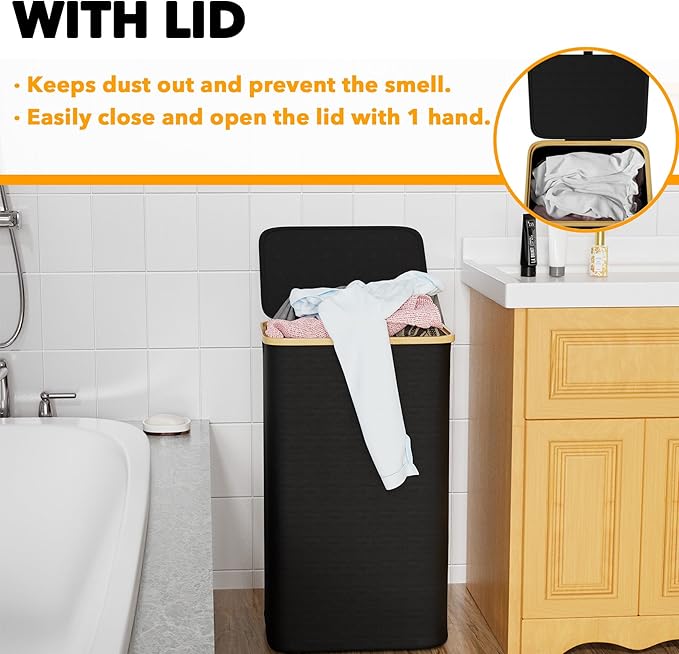 SpaceAid Laundry Hamper with Lid, 110L Large Tall Clothes Basket Bin with Bamboo Handles, Collapsible Laundry Hamper for Bedroom, Bathroom, Dorm, Laundry Room - Black