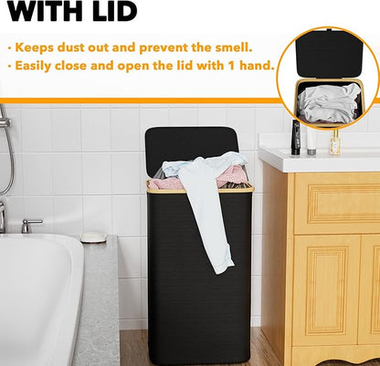 SpaceAid Laundry Hamper with Lid, 110L Large Tall Clothes Basket Bin with Bamboo Handles, Collapsible Laundry Hamper for Bedroom, Bathroom, Dorm, Laundry Room - Black