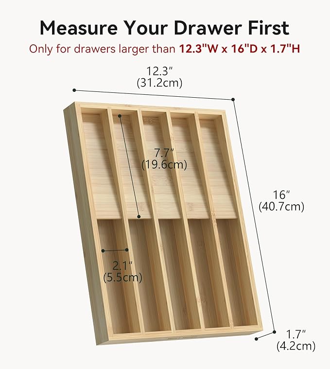 Silverware Organizer, Utensil Drawer Organizer & Cutlery Tray Dividers for Spoons Forks Knives (10 Slot,Natural Bamboo), 16”Dx12.3”Wx1.7”H