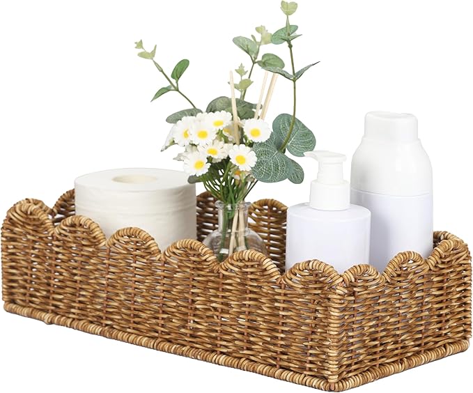 Scalloped Toilet Paper Basket: Water-Resistant Handmade Organizer - Natural Tan for Organic Back of Toilet Tank top & Scandinavian Kitchens 1pack