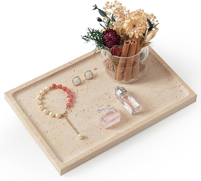 Real Luxurious Natural Travertine Tray - 12x8 Inch Marble Vanity Tray for Perfume Display, Jewelry Organizer, Bathroom & Home Decor -Heavy Duty Non-Slip Stone Tray (Non-Resin/Non-Ceramic)