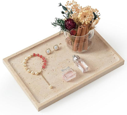 Real Luxurious Natural Travertine Tray - 12x8 Inch Marble Vanity Tray for Perfume Display, Jewelry Organizer, Bathroom & Home Decor -Heavy Duty Non-Slip Stone Tray (Non-Resin/Non-Ceramic)