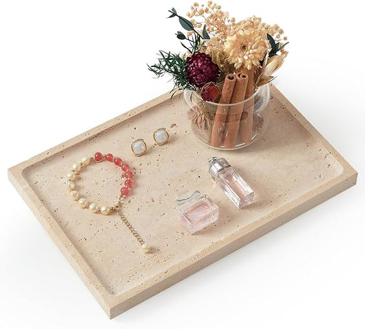 Real Luxurious Natural Travertine Tray - 12x8 Inch Marble Vanity Tray for Perfume Display, Jewelry Organizer, Bathroom & Home Decor -Heavy Duty Non-Slip Stone Tray (Non-Resin/Non-Ceramic)