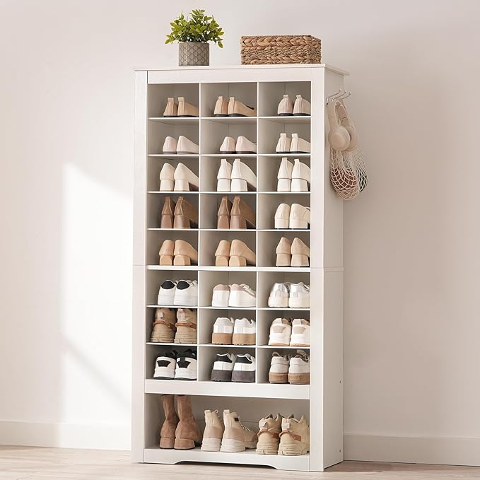 HOOBRO Tall Shoe Cabinet Set of 2, 9 Tier Shoe Storage Cabinet, Freestanding Wooden Shoe Organizer with 24 Cubbies and 3 Hooks, for Entryway, Closet, Living Room, White WT24SCP201