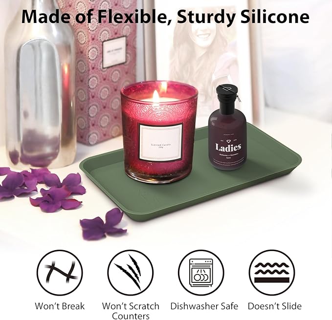 Countertop Vanity Tray, Bathroom Silicone Shatterproof Tray, Soap and Sponge Holder for Kitchen Sink Toilet Tank, Bathroom Holders for Counter, Perfume Candle Key Valet - Green