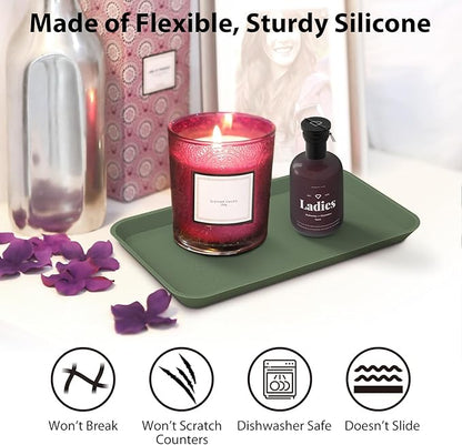 Countertop Vanity Tray, Bathroom Silicone Shatterproof Tray, Soap and Sponge Holder for Kitchen Sink Toilet Tank, Bathroom Holders for Counter, Perfume Candle Key Valet - Green