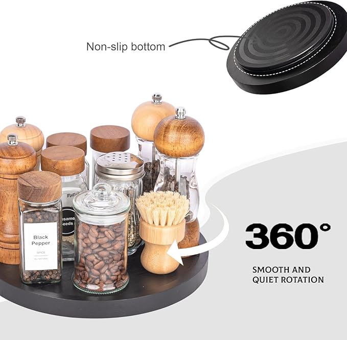 Wood Lazy Susan Organizer Kitchen Turntable for Cabinet Farmhouse Bathroom Decor Round Decorative Tray for Vanity, Counter, Sink, Coffee Table, 10 Inch, Black