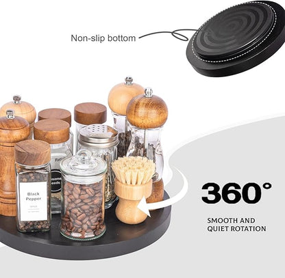 Wood Lazy Susan Organizer Kitchen Turntable for Cabinet Farmhouse Bathroom Decor Round Decorative Tray for Vanity, Counter, Sink, Coffee Table, 10 Inch, Black