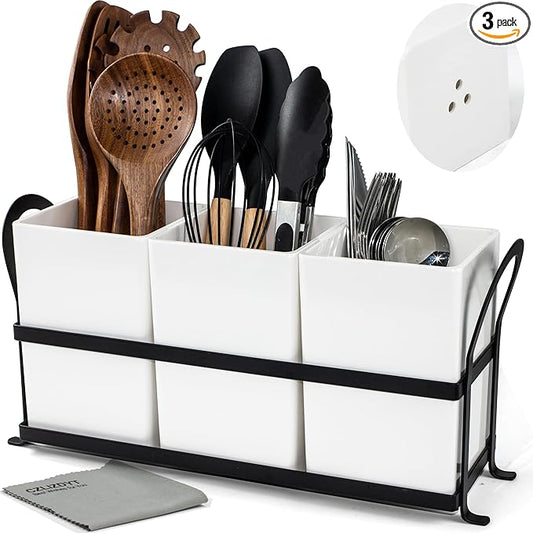 Czlizdyt Large Kitchen Utensil Holder, Drainage Utensil Caddy for Countertop, 3pcs Bins Set Cooking Utensil Organizer for Spoons, Spatulas, White