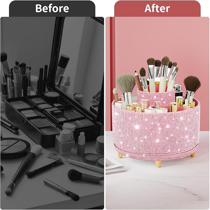 fanado Bling Diamond Makeup Brush Holder, 360° Rotating Makeup Organizer, 5 Slot Make up Brushes Cup for Countertop, Storage for Cosmetics Pen Eyeliner Skincare on the Vanity (Diamond Pink)