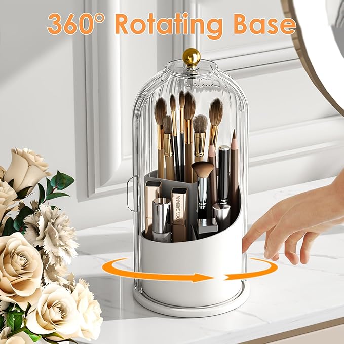 YOOLENS Makeup Brush Holder with Lid 360 Rotating Clear Dustproof Make Up Organizers for Vanity Bathroom Countertop, Transparent | with Lid, 360 Rotating, Dustproof