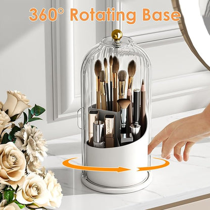 YOOLENS Makeup Brush Holder with Lid 360 Rotating Clear Dustproof Make Up Organizers for Vanity Bathroom Countertop, Transparent | with Lid, 360 Rotating, Dustproof