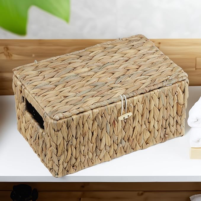 Water Hyacinth Baskets for Organizing, Rectangular Wicker Basket with Lid, Storage Baskets Bins with Built-in Handles for Shelf, Decorative Woven Basket Boxes for Storage Home Organizer Decor