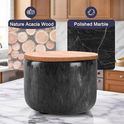 Salt and Pepper Bowl, Marble Salt Cellar and Spices Storage Container With Built-in Spoon and Acacia Wood Lid - 6.5oz Capacity (Black)