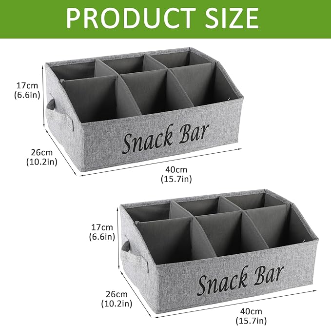 Snack Organizer for Countertop, 6 Compartment Snack Bin with Side Handles, 2 Pack Fabric Snack Basket Container, Lightweight Snack Bar Station Organizer, Kitchen Pantry Storage - Gray