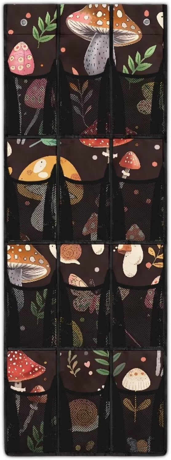 12-Pocket Over the Door Organizer,Space-Saving Hanging Rack for Shoes, Toys, Spices - Non-Woven Fabric with PVC Windows,Mushrooms