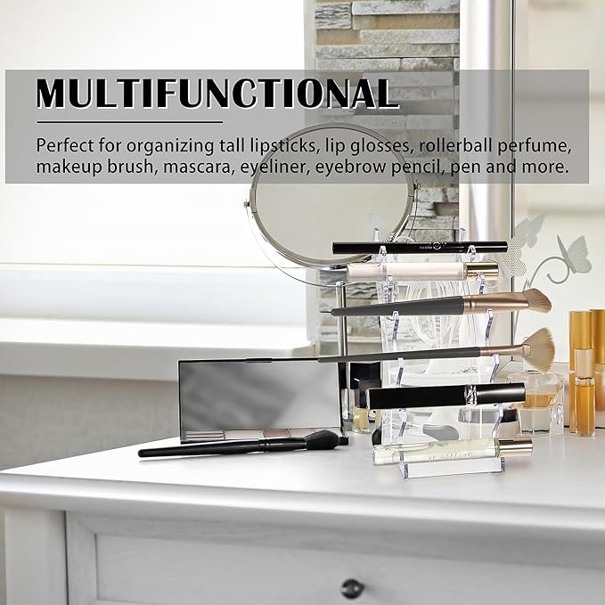 ELLDOO 2 Pack Rollerball Perfume Organizer, 6 Slots Clear Acrylic Perfume Storage Holder Beauty Scent Holder, Makeup Brush Lipgloss Lipstick Display Stand, Pen Holder for Home School Office