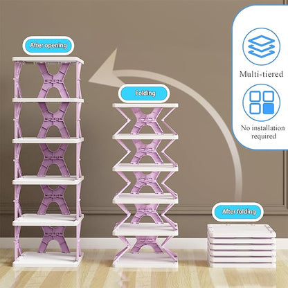 XDMTWLKJ Collapsible Shoe RackOrganizer 6 Tiers-Foldable Shoe Racks for Closet, Space-Saving Kid's Shoe Storage, No Assembly Shoe Shelves for Entryway, Living Room, Bedroom