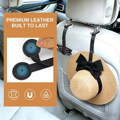 2-Pack Magnetic Cowboy Hat Holder for Truck, Leather Hat Rack Clip for Car Headrest, Travel Hat Hanger Organizer, Strong Grip Keeps Shape, Space-Saving Car Accessories ﻿