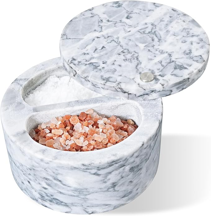 Salt Holder with Lid - Swivel Lid Marble Salt Cellar with Lid Two Compartments 6.3 Ounce Salt Containers for Countertop, White