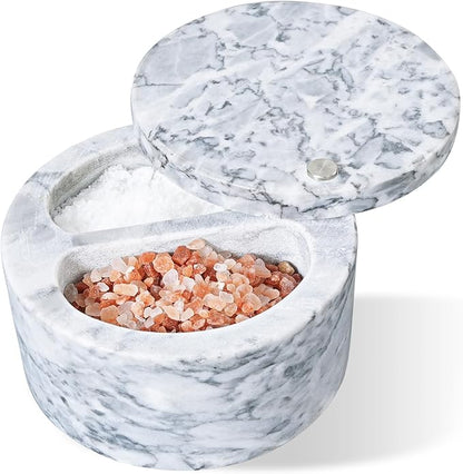 Salt Holder with Lid - Swivel Lid Marble Salt Cellar with Lid Two Compartments 6.3 Ounce Salt Containers for Countertop, White