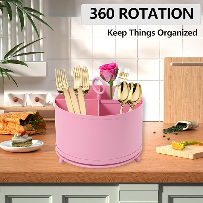 NelyBet 360°Rotating Metal Utensil Caddy 4 Compartment Silverware Cutlery Holder Fork Spoon Napkin Organizer Flatware holder with Handle For Picnic Camping Party - Pink