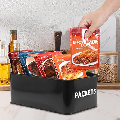 BSTKEY Seasoning Packet Organizer, Food Storage Organizer with Divided 4 Compartments, Metal Storage Caddy for Kitchen Pantry Cabinet, Kitchen Organization Bin for Snacks Spice Packets, Black