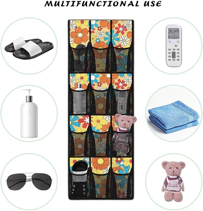 Large Capacity 12-Section Door Hanging Storage Bag, Oxford Fabric Waterproof Scratch-Resistant and for Home Organization, Groovy Hippie Flowers