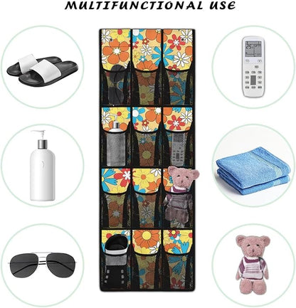 Large Capacity 12-Section Door Hanging Storage Bag, Oxford Fabric Waterproof Scratch-Resistant and for Home Organization, Groovy Hippie Flowers
