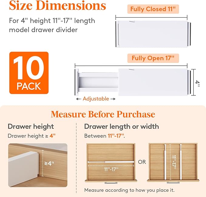 Lifewit 10 Pack 4" High Drawer Dividers 28-43.5cm/11-17" Adjustable Drawer Organizer for Clothes/Utensils, Expandable Drawer Separator in Dresser/Kitchen/Bedroom/Office Organization & Storage White