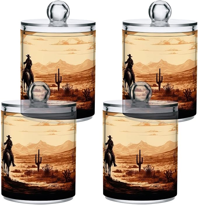 4 Pack Apothecary Jars Bathroom Vintage Western Cowboy Qtip Holder Dispenser Clear Plastic Storage Canister Jar with Lid for Cotton Ball, Cotton Swab