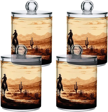 4 Pack Apothecary Jars Bathroom Vintage Western Cowboy Qtip Holder Dispenser Clear Plastic Storage Canister Jar with Lid for Cotton Ball, Cotton Swab