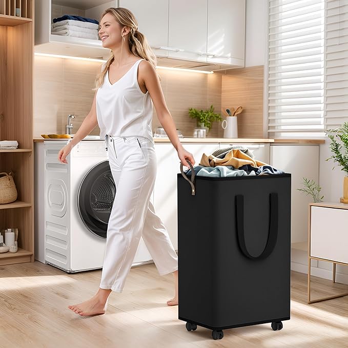 SpaceTrove Laundry Basket with Wheels, Collapsible Laundry Baskets, Laundry Hamper with Handles Detachable Wheels, Rolling Laundry Basket, Dirty Clothes Hamper for Bathroom, Dorm, Bedroom, Black, 80L