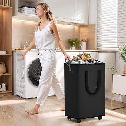 SpaceTrove Laundry Basket with Wheels, Collapsible Laundry Baskets, Laundry Hamper with Handles Detachable Wheels, Rolling Laundry Basket, Dirty Clothes Hamper for Bathroom, Dorm, Bedroom, Black, 80L
