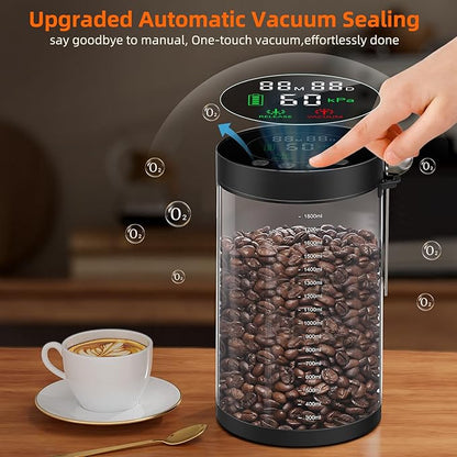 Electric Vacuum Coffee Canister, 2.0L Glass Airtight Food Storage Containers with Smart Pressure Sensor, Automatic Coffee Bean Container Rechargeable with LED Display Window for Kitchen Food Storage