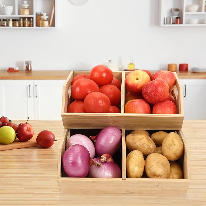 2 Set Pantry Organizers and Storage Bins, Bamboo Stackable Baskets for Potatoes, Onion, Bread, Vegetables - Bamboo Pantry Organizer Containers for Drawer, Cabinet, Countertop