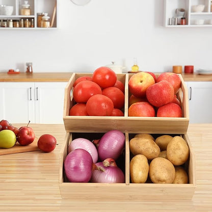 2 Set Pantry Organizers and Storage Bins, Bamboo Stackable Baskets for Potatoes, Onion, Bread, Vegetables - Bamboo Pantry Organizer Containers for Drawer, Cabinet, Countertop
