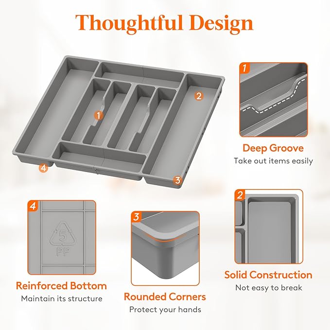 Lifewit Silverware Organizer, Plastic Kitchen Utensil Drawer Tray, Cutlery Flatware Storage Holder for Spoons Forks Knives, 20 x 16"/ 52 x 42cm, 8 Compartment, Gray
