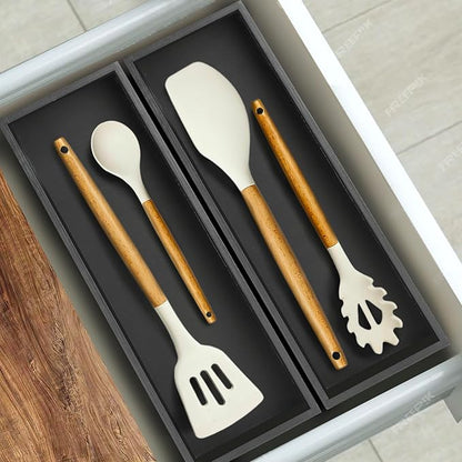 Bamboo Utensil Drawer Organizer, Stackable Silverware Organizer Tray Flatware Cutlery Storage Box for Kitchen Drawer - 17"x6"x2.5" (Set of 2)